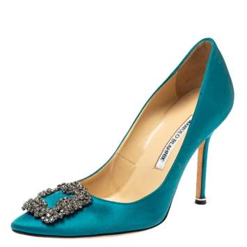 Pre Owned Manolo Blahnik Teal Blue Satin Hangisi Crystal Embellished Pointed Toe Pumps Size 38