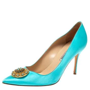 Pre Owned Manolo Blahnik Blue Satin Giuba Embellished Pointed Toe Pumps Size 41