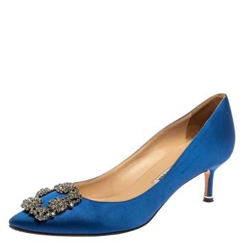 Pre Owned Manolo Blahnik Blue Satin Hangisi Pumps Size 37.5
