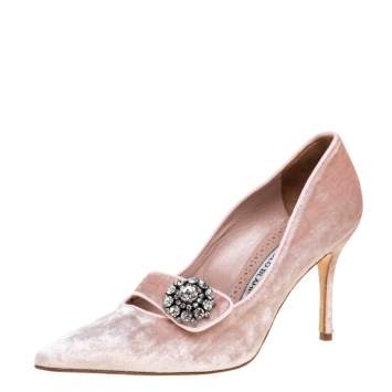 Pre Owned Manolo Blahnik Pink Velvet Decebalo Pointed Toe Pumps Size 37