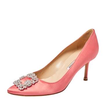 Pre Owned Manolo Blahnik Pink Satin Hangisi Crystal Embellished Pumps Size 39