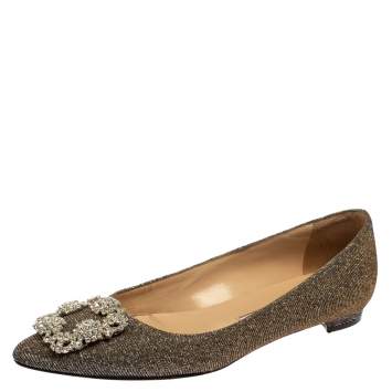 Pre Owned  Manolo Blahnik Metallic Grey Glitter Fabric Hangisi Crystal Embellishments Ballet Flats Size 37