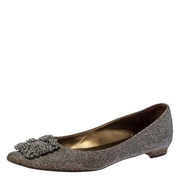 Pre Owned Manolo Blahnik Metallic Grey Glitter Fabric Hangisi Crystal Embellishments Ballet Flats Size 36