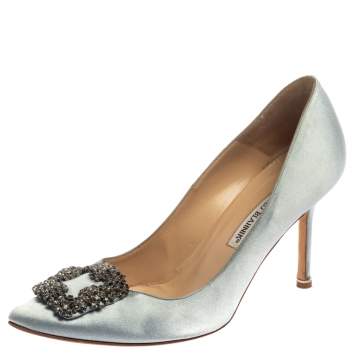 Pre Owned Manolo Blahnik Blue Satin Hangisi Crystal Embellished Pointed Toe Pumps Size 39