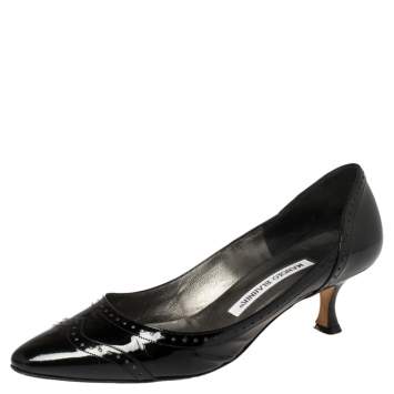 Pre Owned Manolo Blahnik Black Brogue Patent Leather Kitten Heel Pumps Size 37.5