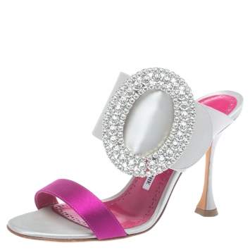 Pre Owned Manolo Blahnik Grey Satin Fibiona Crystal Embellished Mules Sandals Size 36.5