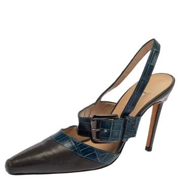 Manolo Blahnik Grey/Blue Croc Embossed And Leather Slingback Sandals Size 37