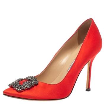 Pre Owned Manolo Blahnik Red Satin Hangisi  Pumps Size 38.5