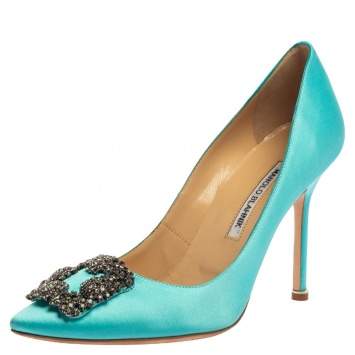 Pre Owned Manolo Blahnik Blue Satin Hangisi Pumps Size 39