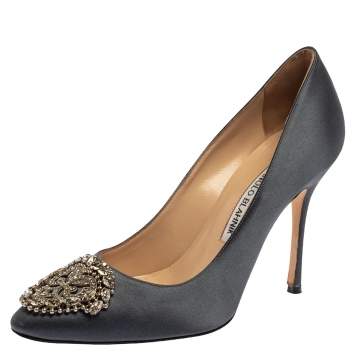 Pre Owned  Manolo Blahnik Grey Satin Okkaava Emerald Pumps Size 36.5