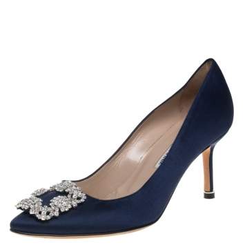 Pre Owned Manolo Blahnik Blue Satin Hangisi Pumps Size 37.5