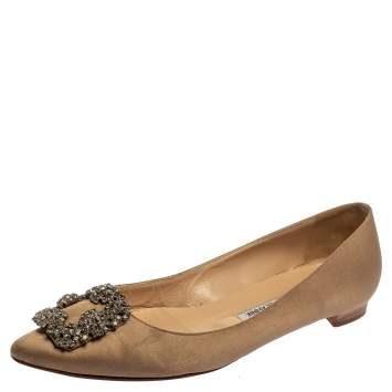 Pre Owned Manolo Blahnik Beige Satin Slip On Hangisi Flats Size 38.5