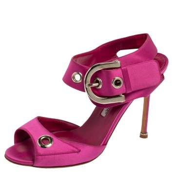Pre Owned Manolo Blahnik Fuchsia Satin Eyelet Detail Ankle Strap Sandals Size 39.5