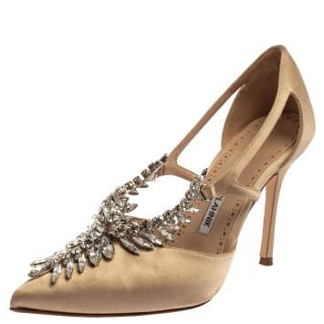 Pre Owned Manolo Blahnik Beige Satin Lala Crystal-Embellished Pumps Size 36