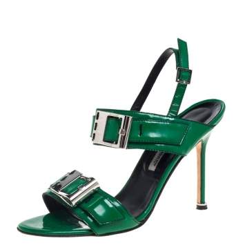 Pre Owned Manolo Blahnik Green Patent Leather Open Toe Ankle Strap Sandals Size 39