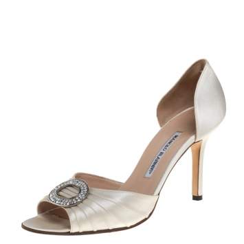Pre Owned Manolo Blahnik White Satin Sedaraby  Pumps Size 39