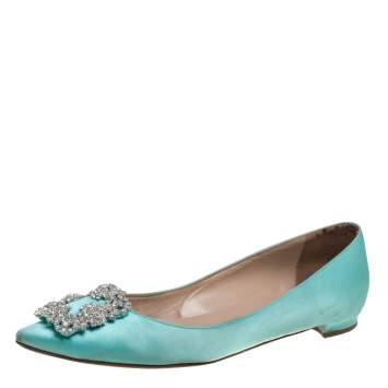 Pre Owned Manolo Blahnik Blue Satin Hangisi Flats Size 36.5