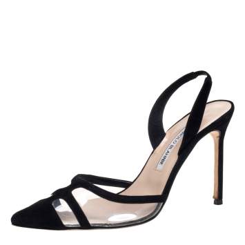 Pre Owned Manolo Blahnik Black PVC And Suede Gotrianc Slingback Sandals Size 39.5