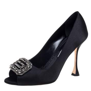 Pre Owned Manolo Blahnik Black Satin Matik Crystal Embellished Peep Toe Pumps Size 36.5