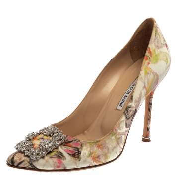 Pre Owned Manolo Blahnik Multicolor Butterfly Print Fabric Hangisi Pointed Toe Pumps Size 39