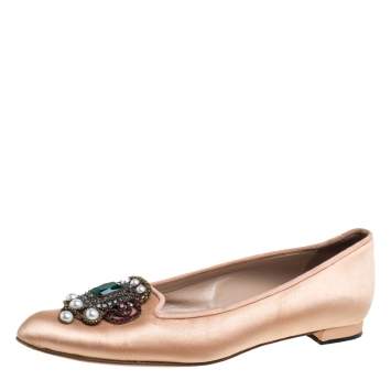 Pre Owned Manolo Blahnik Beige Satin Hangisi Crystal Embellished Ballet Flats Size 35