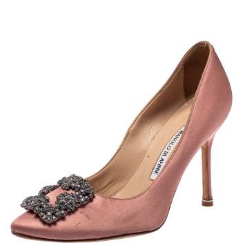 Pre Owned Manolo Blahnik Pink Satin Hangisi Crystal Embellished Pointed Toe Pumps Size 37