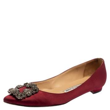 Pre Owned Manolo Blahnik Burgundy Satin Hangisi Flats Size 36