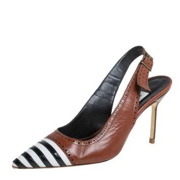 Pre Owned Manolo Blahnik Tricolor Patent And Leather Pointed Toe Sandals Size 37.5