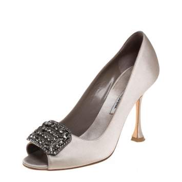 Pre Owned Manolo Blahnik Grey Satin Matik Embellished Peep Toe Pumps Size 37.5