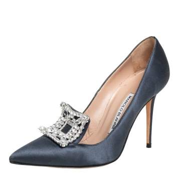 Pre Owned Manolo Blahnik Grey Satin Embellished Borlak Pumps Size 37