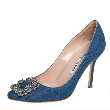 Pre Owned Manolo Blahnik Blue Denim Hangisi Embellished Pointed Toe Pumps Size 36.5