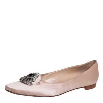 Pre Owned Manolo Blahnik Nude Satin Crystal Embellished Ballet Flats Size 41