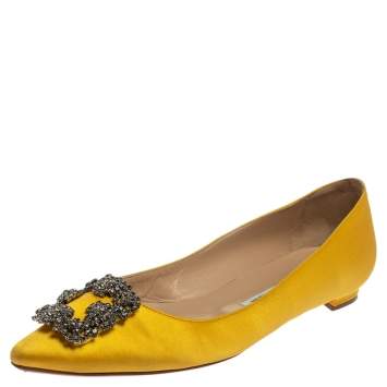 Pre Owned Manolo Blahnik Yellow Satin Hangisi Embellished Ballet Flats Size 39.5