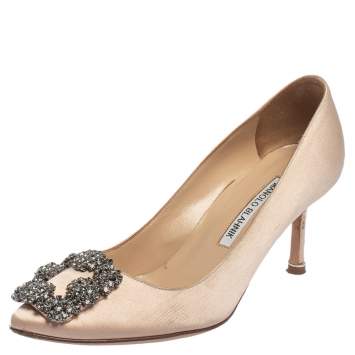 Pre Owned Manolo Blahnik Nude Pink Satin Embellished Hangisi Pumps Size 35.5