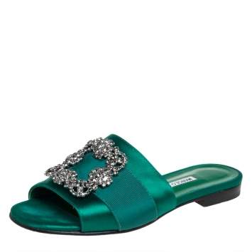Pre Owned Manolo Blahnik Green Satin Crystal Martamod Flat Sandals size 37