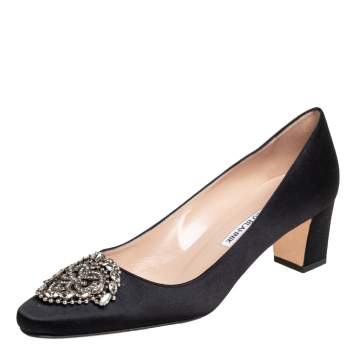 Pre Owned Manolo Blahnik Black Satin Okkato Pumps Size 36.5