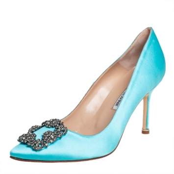 Pre Owned Manolo Blahnik Blue Satin Hangisi Pumps Size 37.5