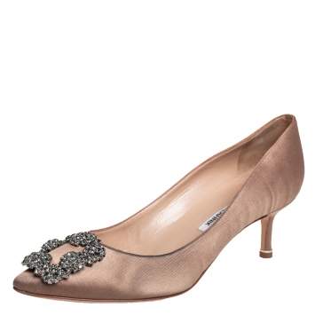 Pre Owned Manolo Blahnik Brown Satin Hangisi Embellished Pumps Size 36.5