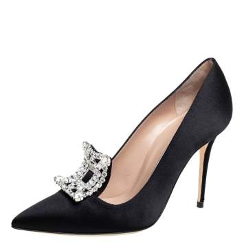 Pre Owned Manolo Blahnik Black Satin Crystal Embellished Borlak Pumps Size 36.5