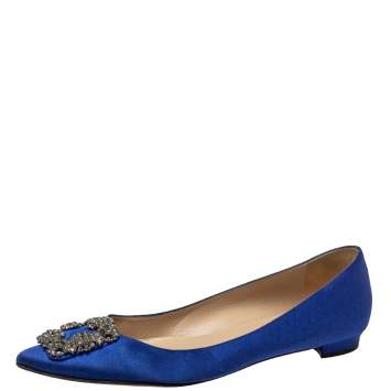 Pre Owned Manolo Blahnik Blue Satin Hangisi Flats Size 39.5