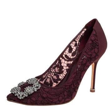 Pre Owned Manolo Blahnik Burgundy Satin And Lace Hangisi Crystal Embellished Pointed Toe Pumps Size 36.5