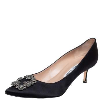 Pre Owned Manolo Blahnik Black Satin Hangisi Crystal Embellished Pumps Size 40.5