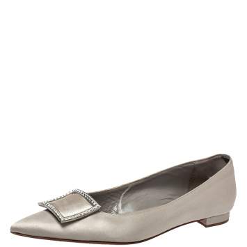 Pre Owned Manolo Blahnik Silver Satin Embellished Ballet Flats Size 39.5
