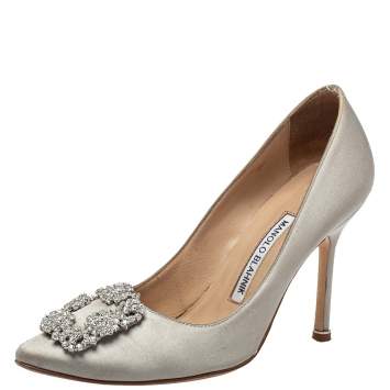 Pre Owned Manolo Blahnik Grey Satin Hangisi Crystal Embellished Pumps Size 36