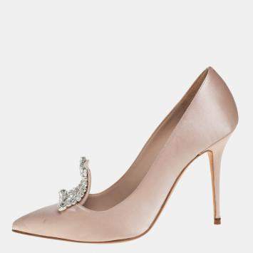 Pre Owned Manolo Blahnik Beige Satin Borlak Pointed Toe Pumps Size 38.5
