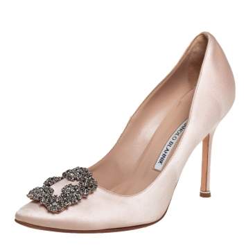 Pre Owned Manolo Blahnik Beige Satin Hangisi Pumps Size 38
