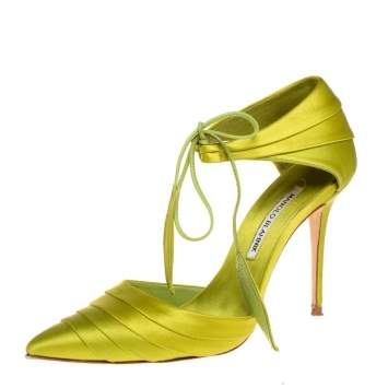Pre Owned Manolo Blahnik Green Pleated Satin Reya Pumps Size 37.5