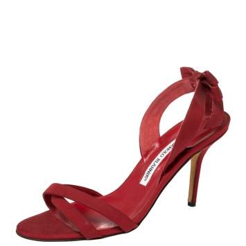 Pre Owned Manolo Blahnik Burgundy Fabric Slingback Bow Sandals Size 39.5