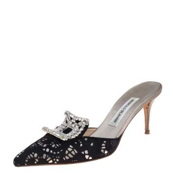Pre Owned Manolo Blahnik Black Satin and Lace Borli Crystal Embellished Mule Sandals Size 39.5