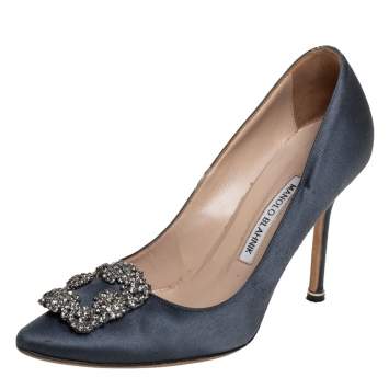 Pre Owned Manolo Blahnik Grey Satin Hangisi Embellished Pumps Size 38